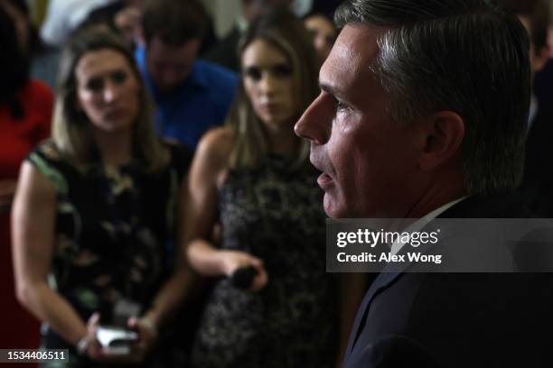 Sen. Martin Heinrich speaks to members of the press during a news briefing after the weekly Senate Democratic Policy luncheon at the U.S. Capitol on...