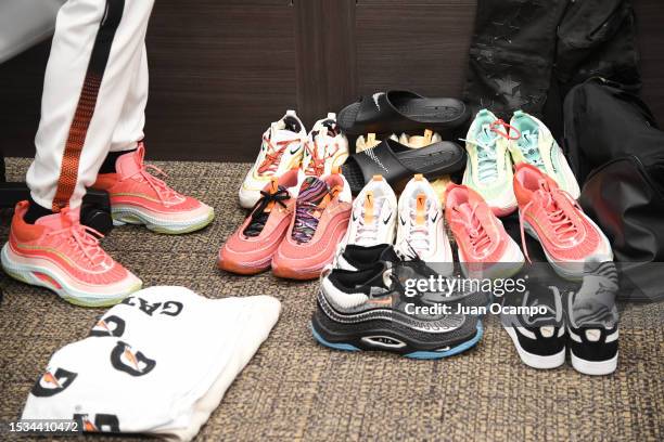 The sneakers worn by A'ja Wilson of Team Wilson during the 2023 WNBA All-Star Game on July 15, 2023 at Michelob ULTRA Arena in Las Vegas, Nevada....