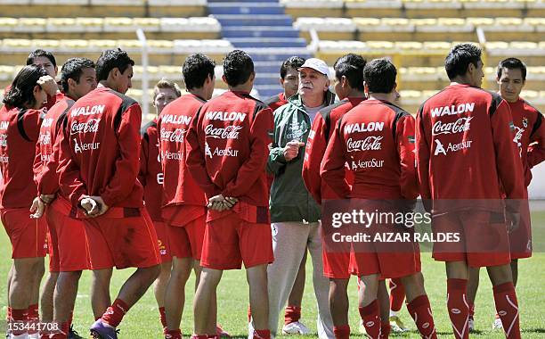 Bolivia's coach Spaniard Xabier Azcargorta gives instructions to his players during a training session in La Paz on October 5 in La Paz. Bolivia will...