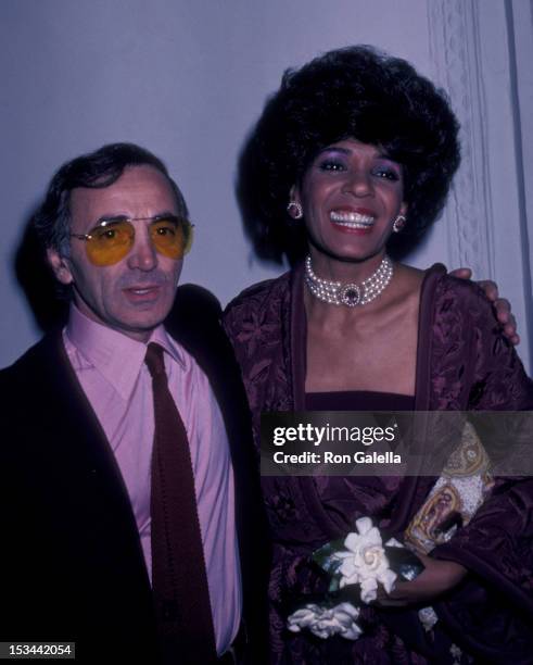 Charles Aznavour and Shirley Bassey attend Shirley Bassey Opening on September 30, 1981 at the Savoy Hotel in New York City.