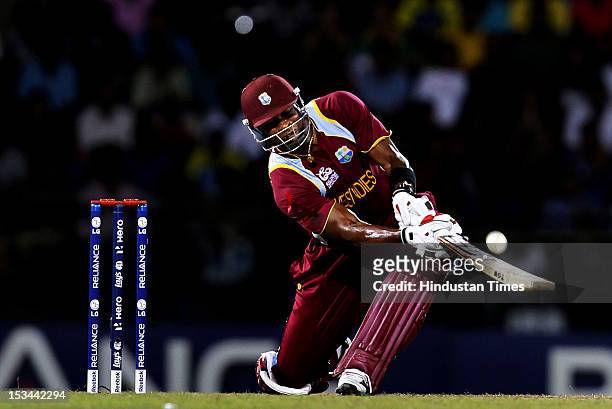 West Indian player Kieron Pollard bats during the ICC T20 World Cup cricket semi final match between Australia and West Indies at R. Premadasa...