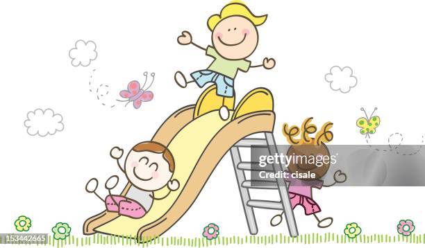 Children Playing With Slide Cartoon Illustration High-Res Vector ...