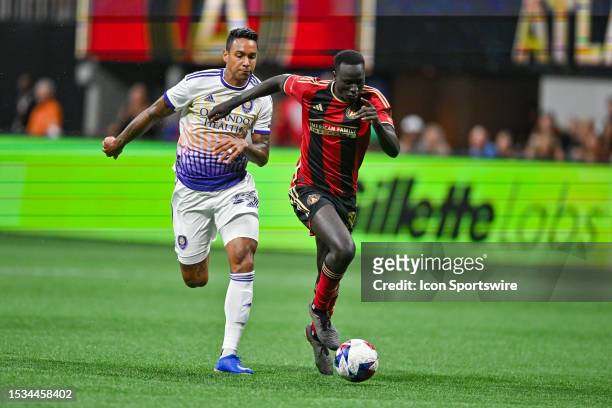 Atlanta forward Machop Chol moves with the ball during the MLS match between Orlando City SC and Atlanta United FC on July 15th, 2023 at...