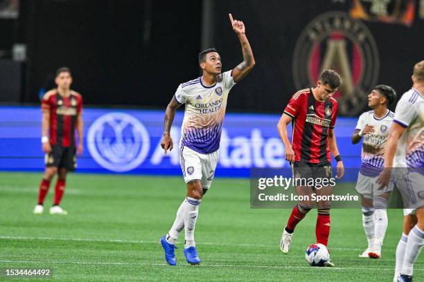 Orlando defender Antonio Carlos reacts after scoring a first-half goal during the MLS match between Orlando City SC and Atlanta United FC on July...