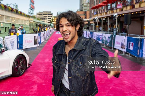 Xolo Maridueña of the film "Blue Beetle" poses for a photo on the MLB All-Star red carpet at Pike Place Market on July 11, 2023 in Seattle,...