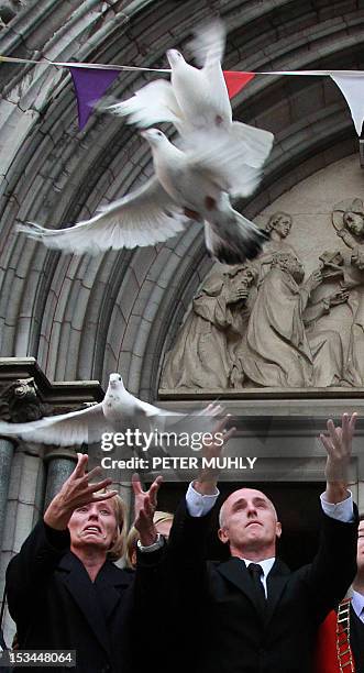 Members of Jill Meagher's family release doves outside St.Peters Catholic church in Drogheda, on October 5, 2012. A memorial mass was held in in St...