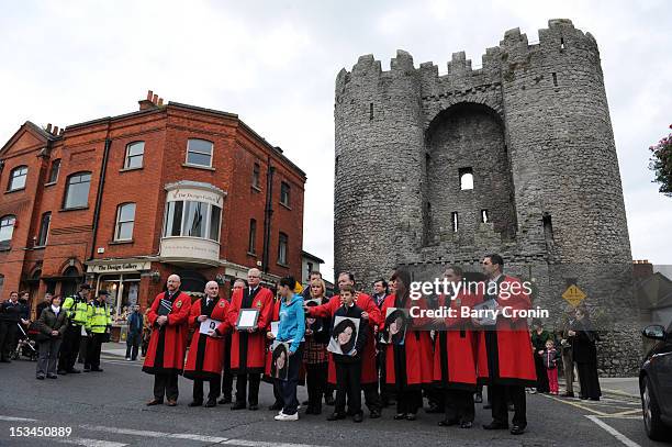 Procession is led by Mayor of Drogheda Paul Bell from Laurence Gate, where the Meagher family are from, to a Memorial Service for murdered journalist...