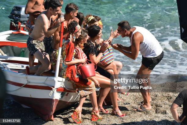 Model Bianca Balti, actress and model Monica Bellucci and designer Stefano Gabbana are seen on the set of Dolce & Gabbana new photography campaign on...