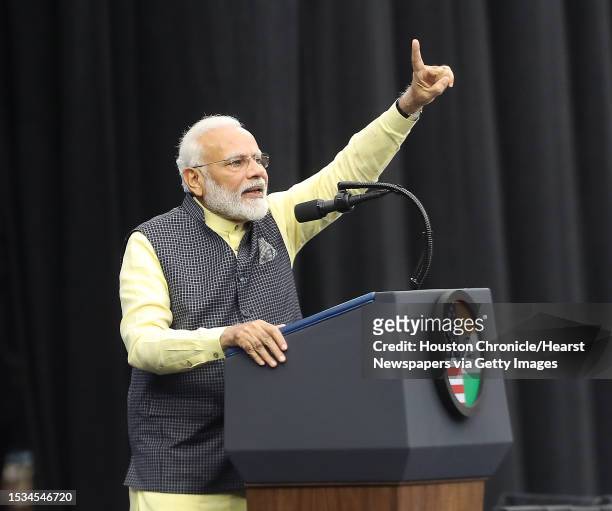 India's prime minister, Narendra Modi address the crowd during the Howdy Modi event at NRG Stadium Sunday, Sept. 22 in Houston.