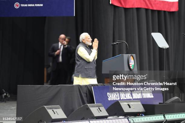 India's prime minister, Narendra Modi address the crowd during the Howdy Modi event at NRG Stadium Sunday, Sept. 22 in Houston.