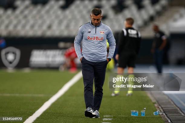 Pedro Caixinha coach of Red Bull Bragantino reacts during a match between Botafogo and Red Bull Bragantino as part of Brasileirao 2023 at Estadio...