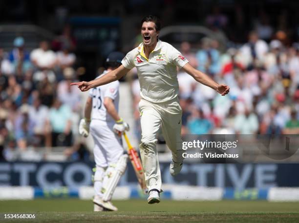Pat Cummins of Australia celebrates taking the wicket of England's Joe Root during the LV= Insurance Ashes 3rd Test Match between England and...