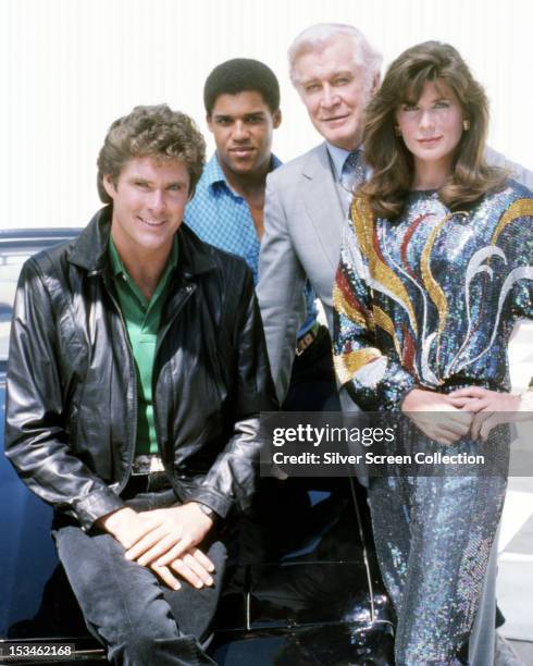 The stars of the American TV show 'Knight Rider', circa 1985. Left to right: David Hasselhoff, Peter Parros, Edward Mulhare and Patricia McPherson.