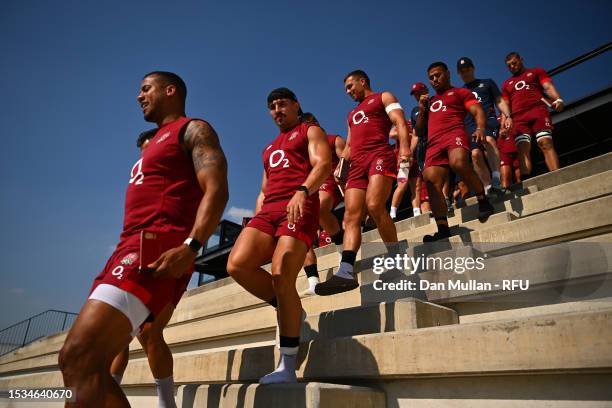 The England players make their way down to the pitch during a training session at Payanini Center on July 11, 2023 in Verona, Italy.