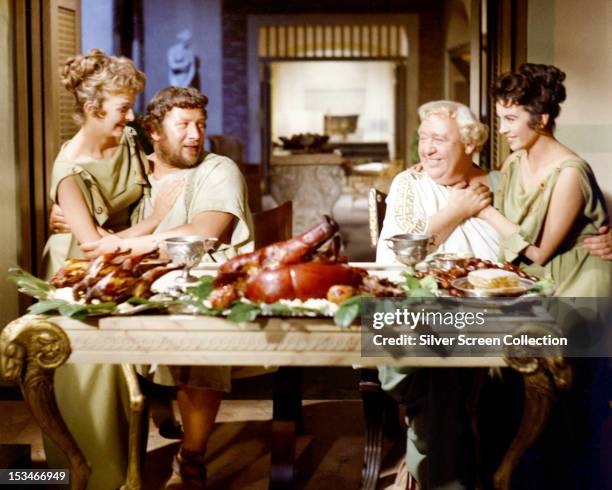 Nina Foch as Helena Glabrus, Peter Ustinov as Lentulus Batiatus, Charles Laughton as Roman senator Gracchus and Joanna Barnes as Claudia Marius in...