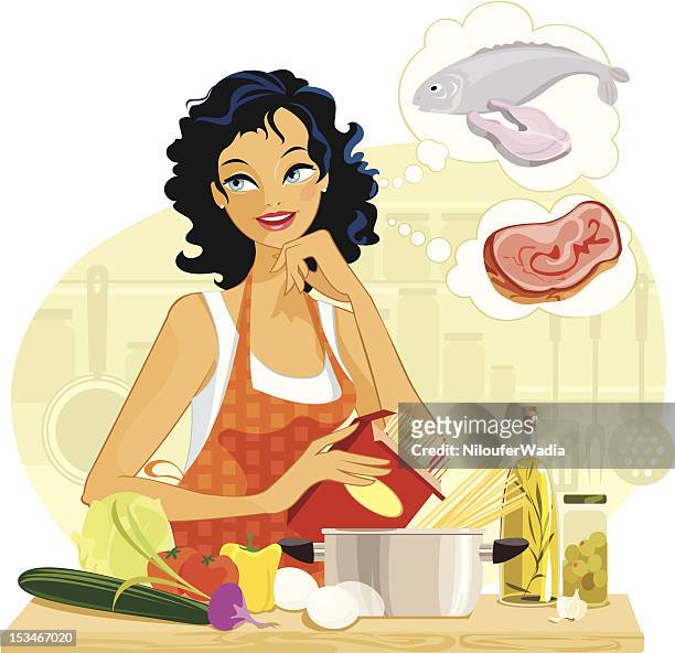 ilustrações, clipart, desenhos animados e ícones de o que estão preparando na cozinha? decisões na cozinha. - carne de carneiro