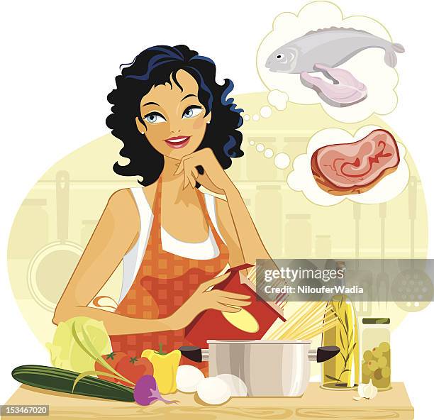 what's cooking? decisions in the kitchen. - hand on chin stock illustrations