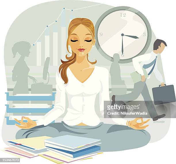 a cartoon image of a blond female doing power yoga - serene people stock illustrations