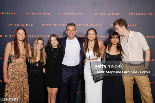 Guests, Stella Damon, Matt Damon, Gia Damon, Alexia Barroso and guest attend the "Oppenheimer" premiere at Cinema Le Grand Rex on July 11, 2023 in...