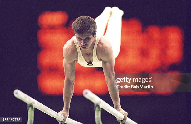 Vladimer Lado Gogoladze of the Soviet Union performs during the Men's Parallel Bars on 24th September 1988 during the XXIV Summer Olympic Games at...