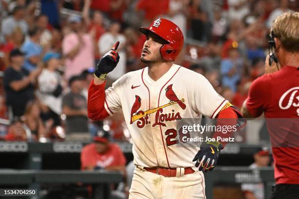 Nolan Arenado of the St. Louis Cardinals reacts after hitting a solo home run against the Washington Nationals in the eighth inning in game two of a...