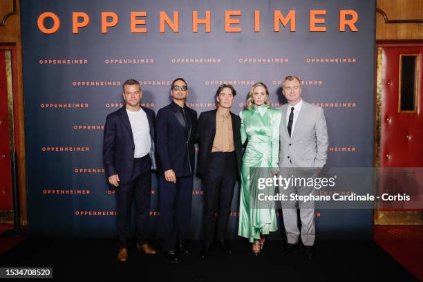 Matt Damon, Robert Downey Jr, Cillian Murphy, Emily Blunt and Christopher Nolan attend the "Oppenheimer" premiere at Cinema Le Grand Rex on July 11,...