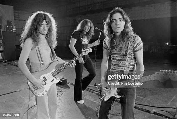 1st JUNE: Bassist Glenn Hughes, vocalist David Coverdale and guitarist Tommy Bolin of rock group Deep Purple, rehearse at Columbia Studios sound...