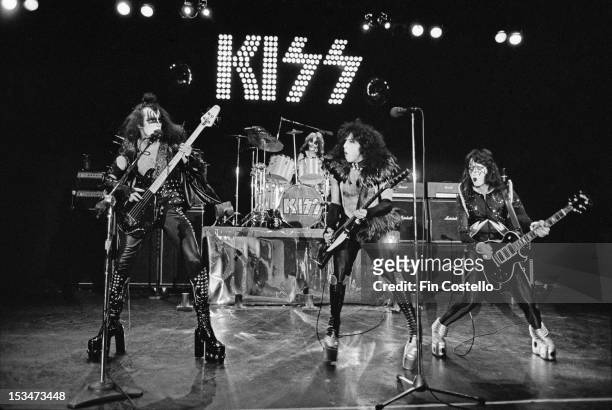 16th MAY: American rock group Kiss perform live on stage at Cobo Hall in Detroit during the concert recording of Alive! on 16th May 1975. Left to...
