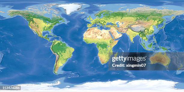 terrain carte du monde de vue satellite - carte en relief photos et images de collection