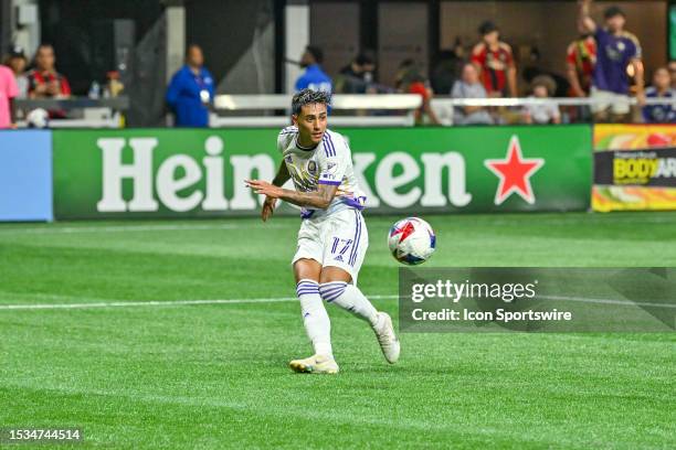 Orlando forward Facundo Torres passes the ball into the box during the MLS match between Orlando City SC and Atlanta United FC on July 15th, 2023 at...