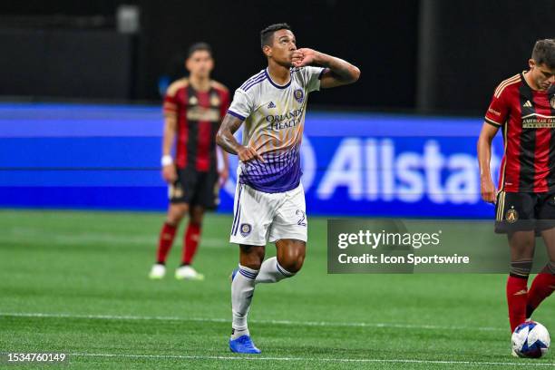 Orlando defender Antonio Carlos reacts after scoring a goal during the MLS match between Orlando City SC and Atlanta United FC on July 15th, 2023 at...