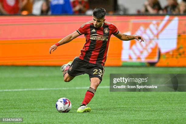 Atlanta midfielder Thiago Almada takes a free kick during the MLS match between Orlando City SC and Atlanta United FC on July 15th, 2023 at...