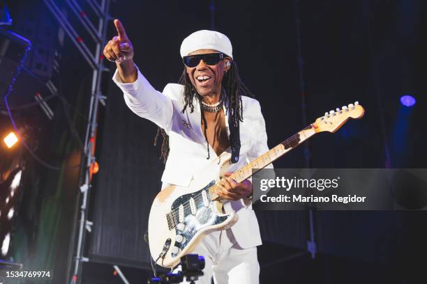 Nile Rodgers of Nile Rodgers & Chic performs in concert during Noches del Botánico Music Festival at Real Jardín Botánico Alfonso XIII on July 11,...