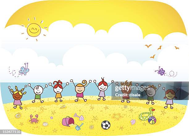 ilustraciones, imágenes clip art, dibujos animados e iconos de stock de niños felices vacaciones de verano niños en la playa ilustración dibujo animado - acercamiento