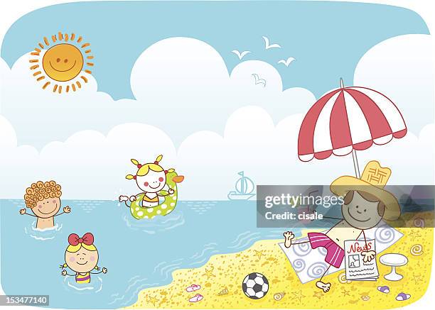 children swiming in sea and farher watching at beach cartoon - african girls on beach stock illustrations