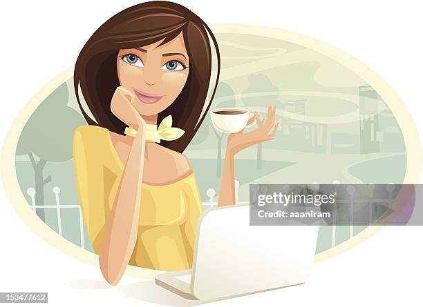 woman drinking coffee while using laptop in cafe - pretty brunette woman cartoon stock illustrations