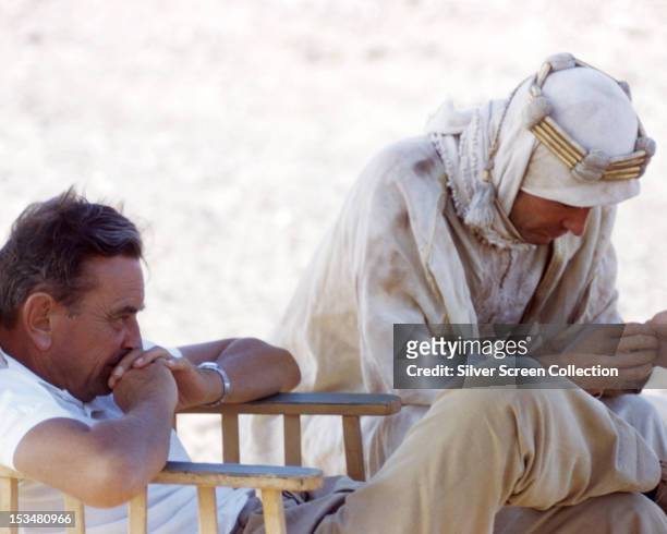 English director David Lean with English actor Peter O'Toole during location filming for 'Lawrence Of Arabia', 1962.