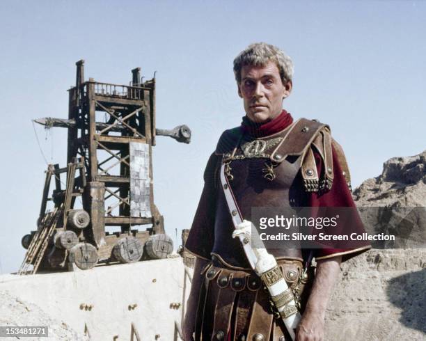 Roman legion commander Lucius Flavius Silva, played by English actor Peter O'Toole, standing by a siege engine in the TV miniseries 'Masada',...
