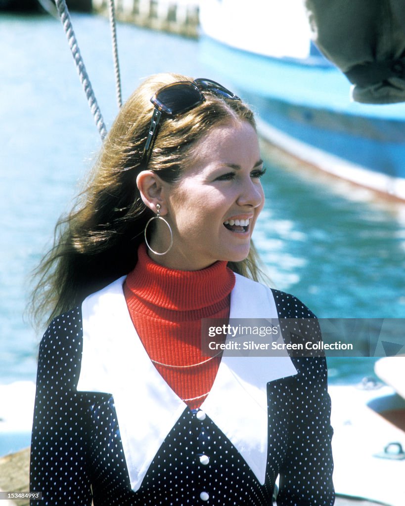American actress and singer Shelley Fabares, wearing a red poloneck