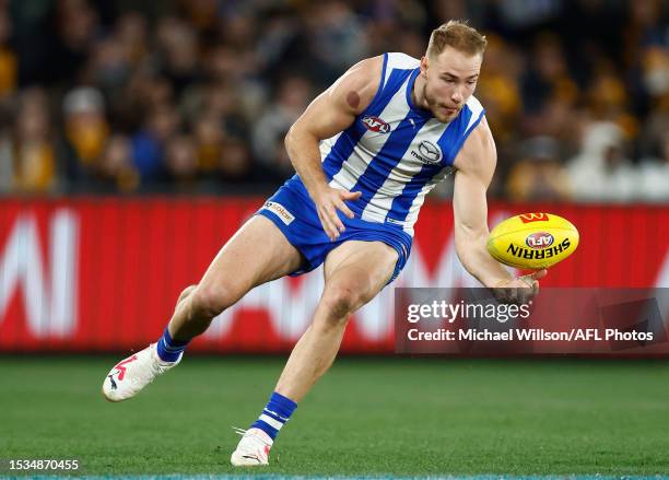 Ben McKay of the Kangaroos in action during the 2023 AFL Round 18 match between the North Melbourne Kangaroos and the Hawthorn Hawks at Marvel...