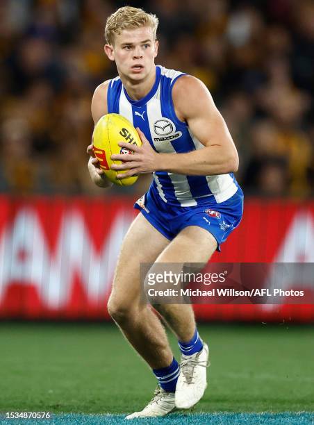 Jackson Archer of the Kangaroos in action during the 2023 AFL Round 18 match between the North Melbourne Kangaroos and the Hawthorn Hawks at Marvel...