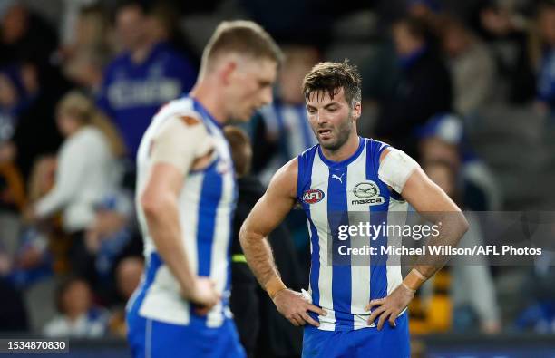 Luke McDonald of the Kangaroos looks dejected after a loss during the 2023 AFL Round 18 match between the North Melbourne Kangaroos and the Hawthorn...