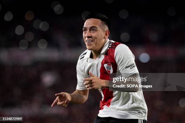 Esequiel Barco of River Plate celebrates a goal during a match between River Plate and Estudiantes as part of Liga Profesional 2023 at Estadio Mas...