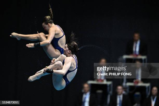 Britain's Andrea Spendolini Sirieix and Britain's Lois Toulson compete in the final of the women's 10m synchronised diving event during the World...