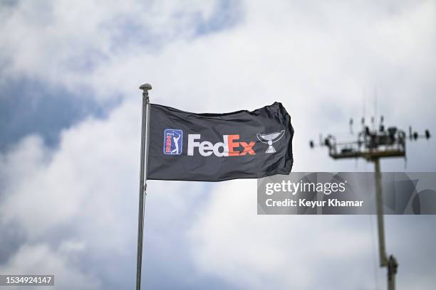 FedExCup flag flies during the third round of the Genesis Scottish Open at The Renaissance Club on July 15, 2023 in North Berwick, Scotland.