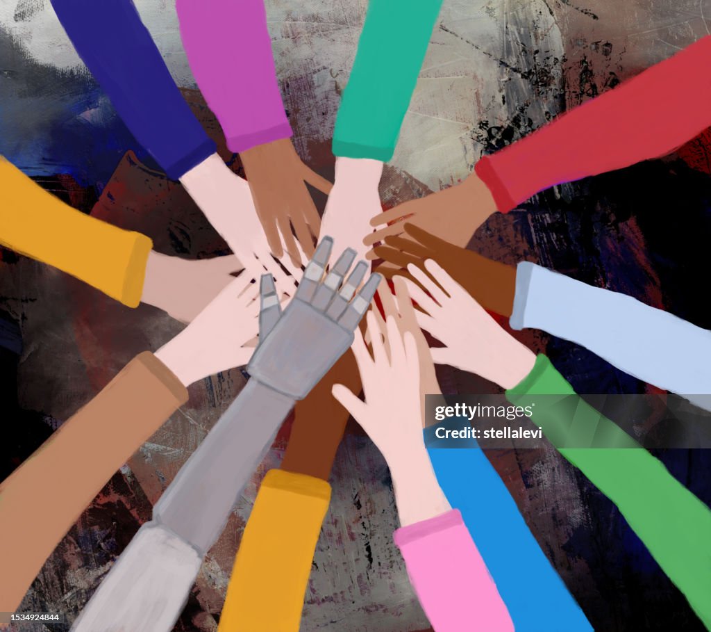 Humans All Together Humans And Robot Stacking Their Hands Together High-Res Vector Graphic ...