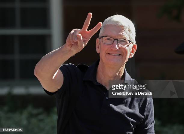 Of Apple Tim Cook arrives at the Sun Valley Lodge for the Allen & Company Sun Valley Conference on July 11, 2023 in Sun Valley, Idaho. Every July,...