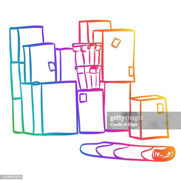 moving boxes rainbow - overcrowded house stock illustrations