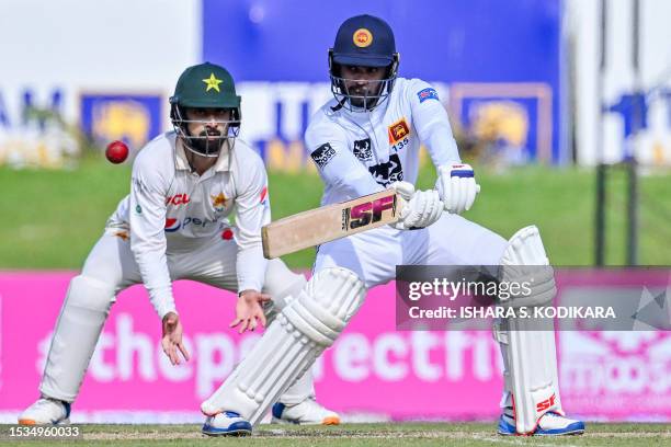 Sri Lanka's Dhananjaya de Silva plays a shot during the first day of the first cricket Test match between Sri Lanka and Pakistan at the Galle...