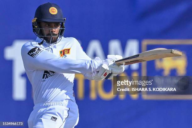 Sri Lanka's Dhananjaya de Silva plays a shot during the first day of the first cricket Test match between Sri Lanka and Pakistan at the Galle...
